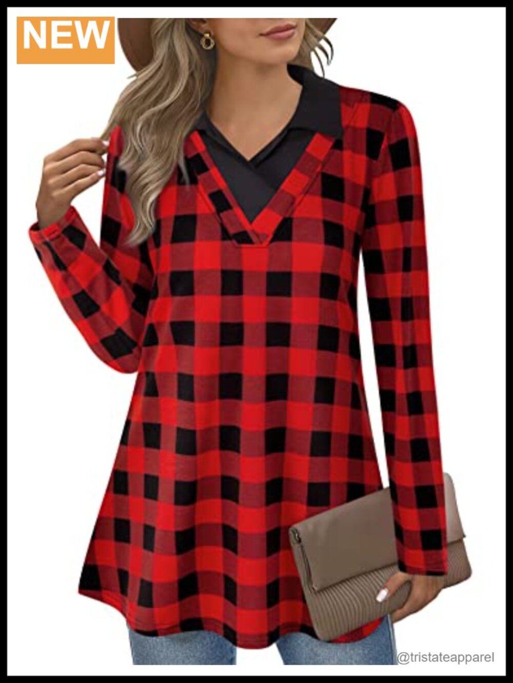 Women's Long Sleeve Contrast Collar Shirt A-line Pleated Office Tunic